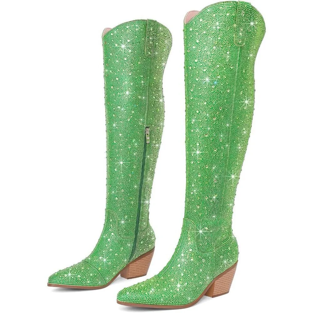 Women Green Faux Leather Sparkly Bling Rhinestone Over the Knee Cowboy Boots